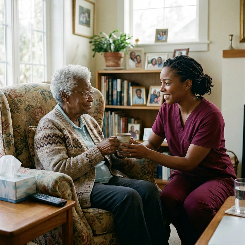 Nurse handing a cup to an elderly woman sitting in a patterned armchair