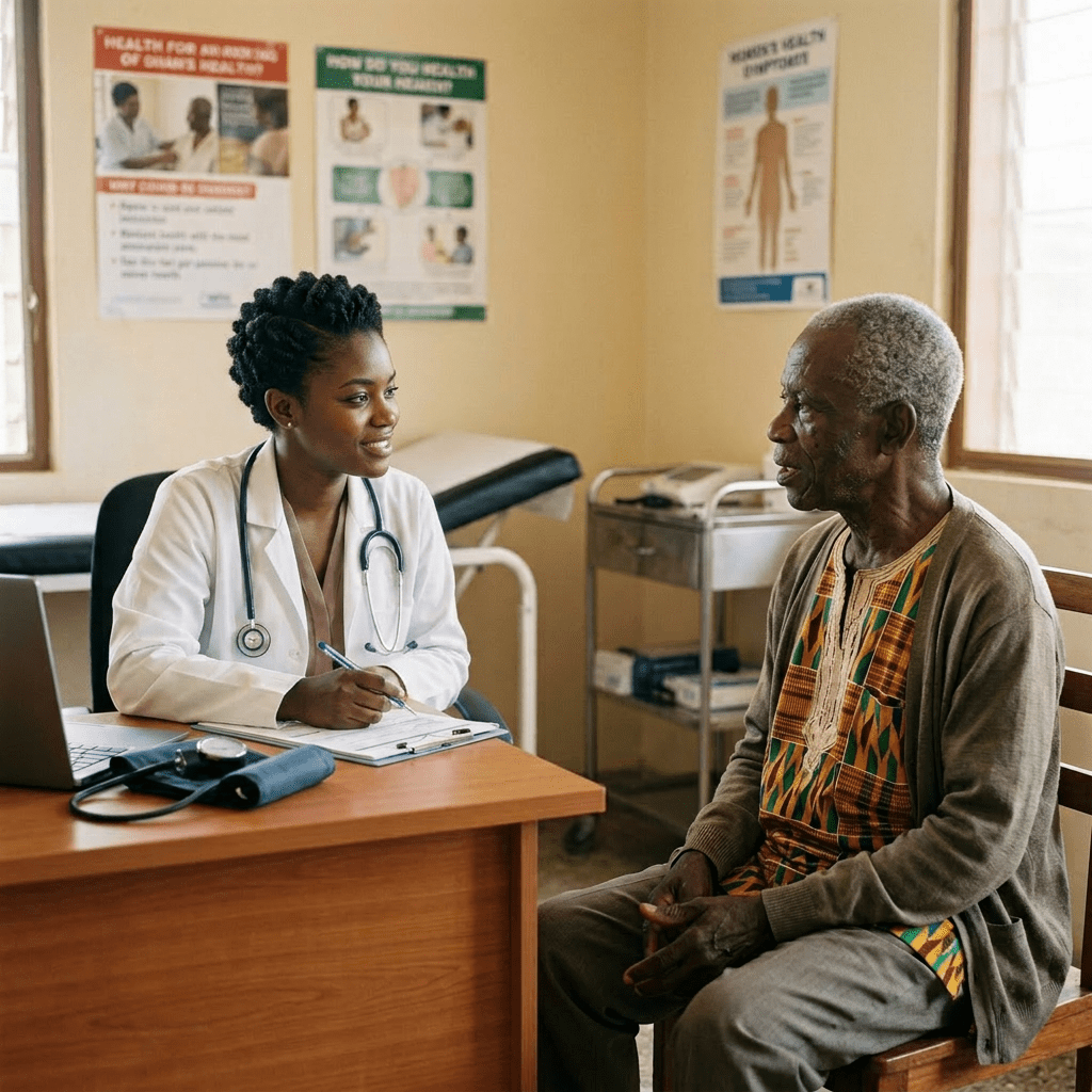 Doctor talking with elderly male patient in a medical office